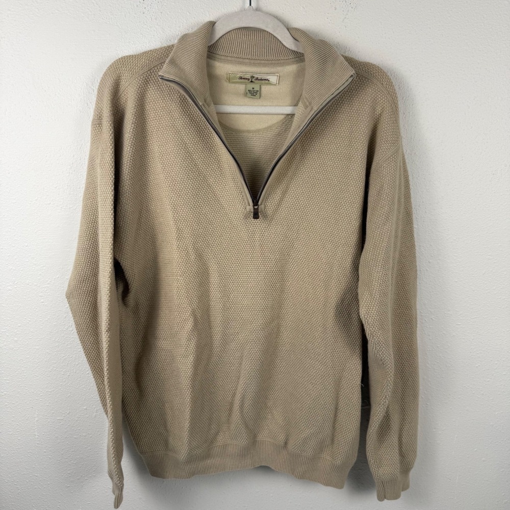 Tommy Bahama Mens M Tan Beige Cotton Wool Waffle Knit 1/4 Zip Sweater Pullover